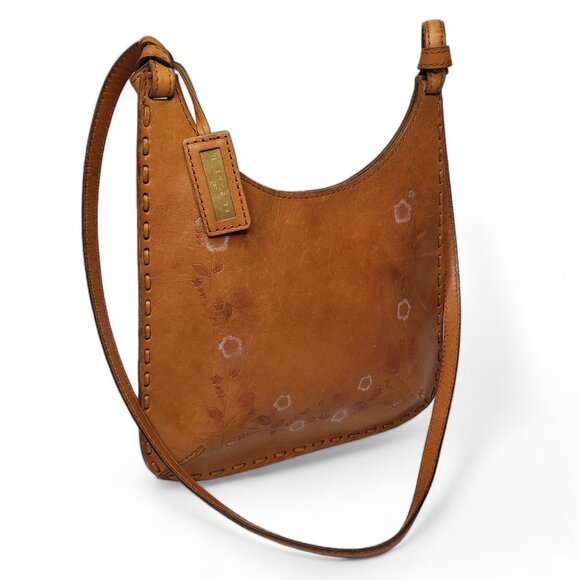 El Portal Handbags - Vintage El Portal Floral Pattern Tooled Leather Flat Crossbody Purse